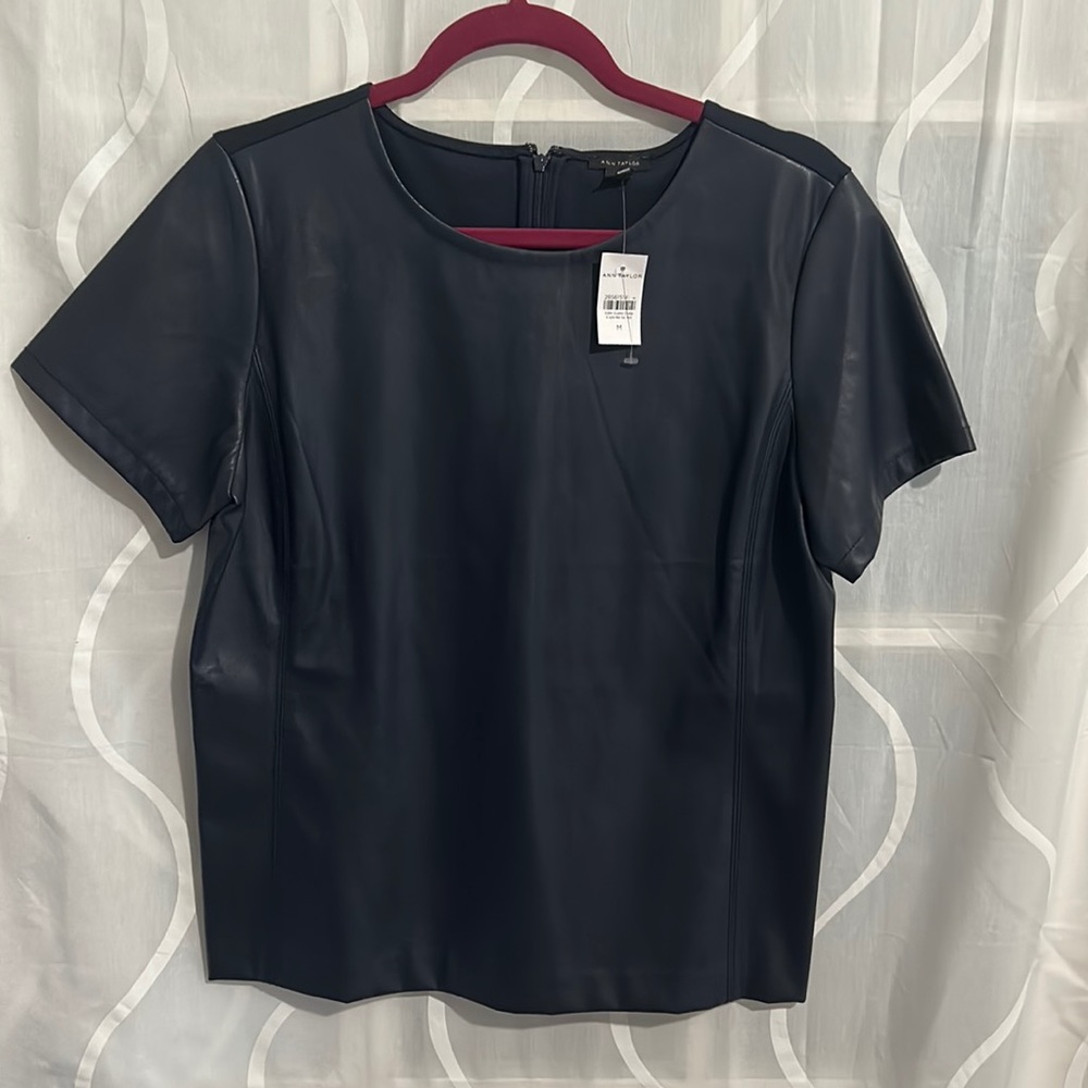 Ann Taylor Navy Blue Faux Leather Short Sleeve Top, Size Medium